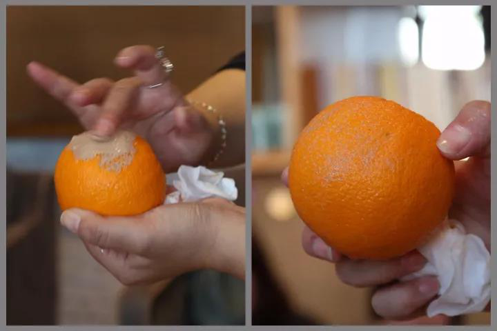 #现场用手清洁橙子上的粉底液#